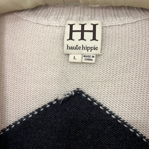 HAUTE HIPPIE Merino Wool ARGYLE CARDIGAN SWEATER Long Line Sz L - Picture 4 of 10